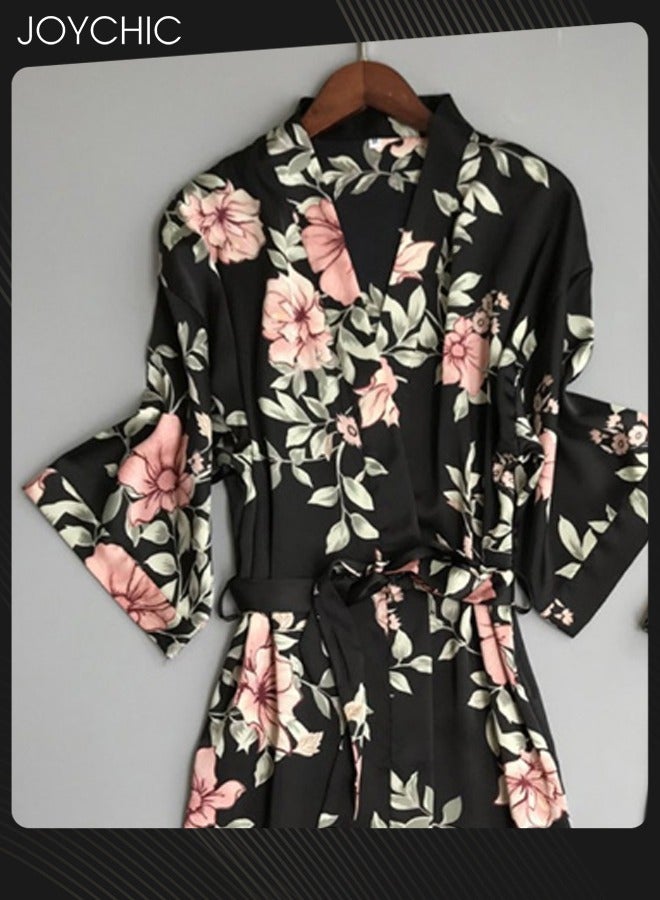 Joychic بيجامة نسائية مكونة من 3 قطع بتصميم زهور دانتيل فضفاضة ومريحة، بياقة على شكل V وأكمام ثلاثة أرباع، صديقة للبشرة، فستان نوم طويل للغرف، ملابس منزلية لجميع الفصول، باللون الأسود - Image 2