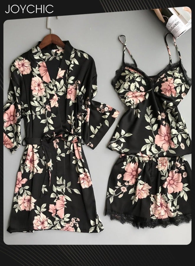 Joychic بيجامة نسائية مكونة من 3 قطع بتصميم زهور دانتيل فضفاضة ومريحة، بياقة على شكل V وأكمام ثلاثة أرباع، صديقة للبشرة، فستان نوم طويل للغرف، ملابس منزلية لجميع الفصول، باللون الأسود - Image 1