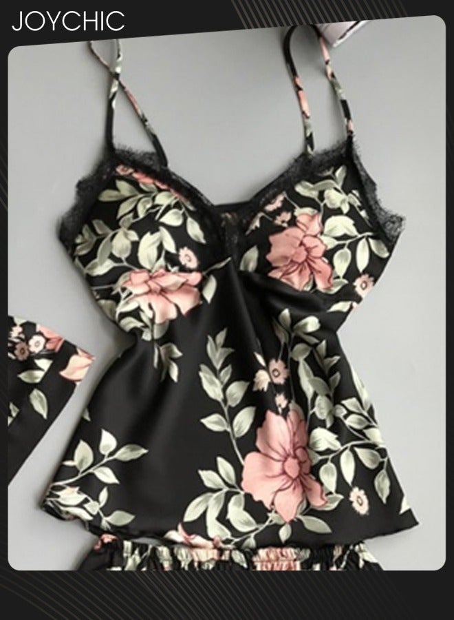 Joychic بيجامة نسائية مكونة من 3 قطع بتصميم زهور دانتيل فضفاضة ومريحة، بياقة على شكل V وأكمام ثلاثة أرباع، صديقة للبشرة، فستان نوم طويل للغرف، ملابس منزلية لجميع الفصول، باللون الأسود - Image 3