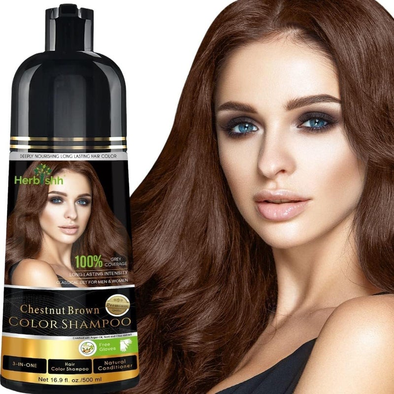 Herbishh Chestnut Brown Hair Color Shampoo - 500ml, 3-in-1 Ammonia-Free Formula for Gray Hair - Image 1