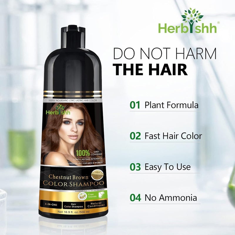 Herbishh Chestnut Brown Hair Color Shampoo - 500ml, 3-in-1 Ammonia-Free Formula for Gray Hair - Image 3
