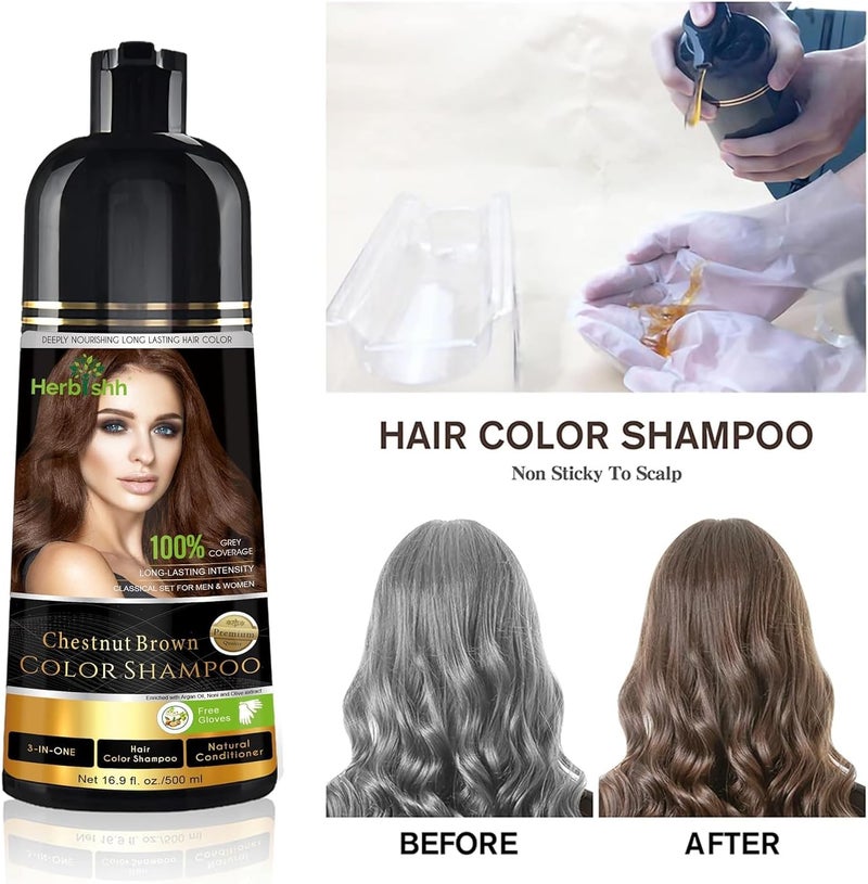 Herbishh Chestnut Brown Hair Color Shampoo - 500ml, 3-in-1 Ammonia-Free Formula for Gray Hair - Image 2