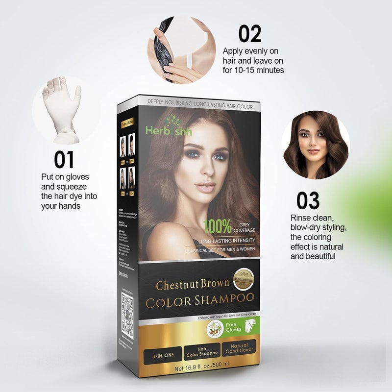 Herbishh Chestnut Brown Hair Color Shampoo - 500ml, 3-in-1 Ammonia-Free Formula for Gray Hair - Image 4