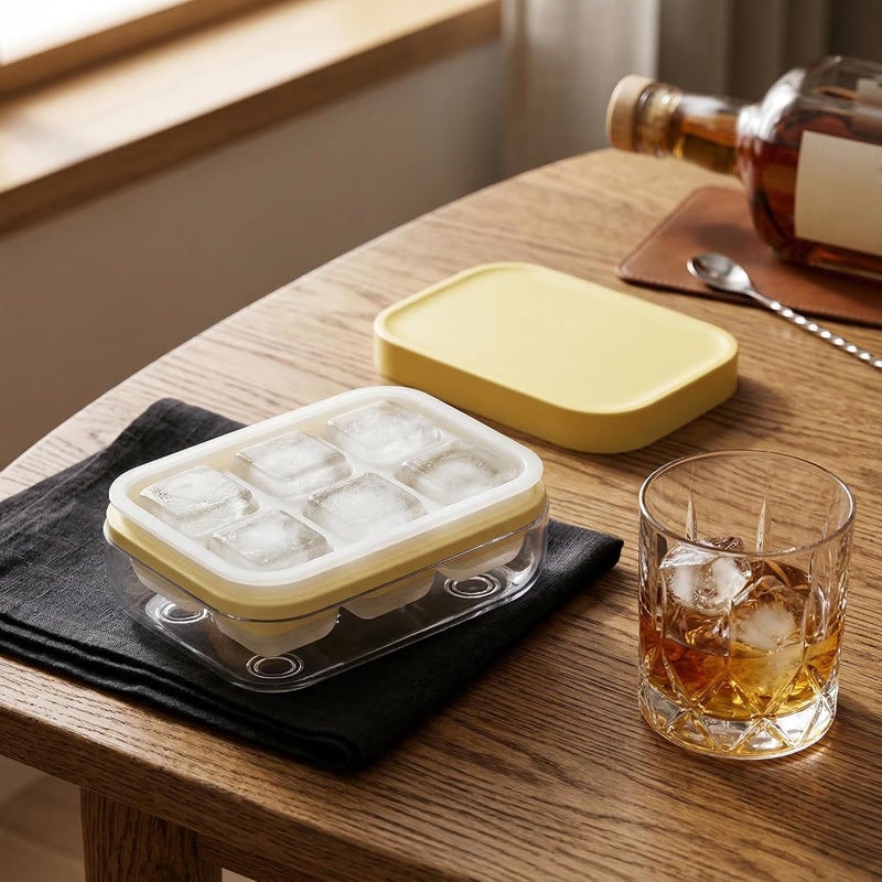 Press Ice Cube Tray with Lid, 6 Grid Reusable BPA Free Ice Cube Maker Mold, Yellow
