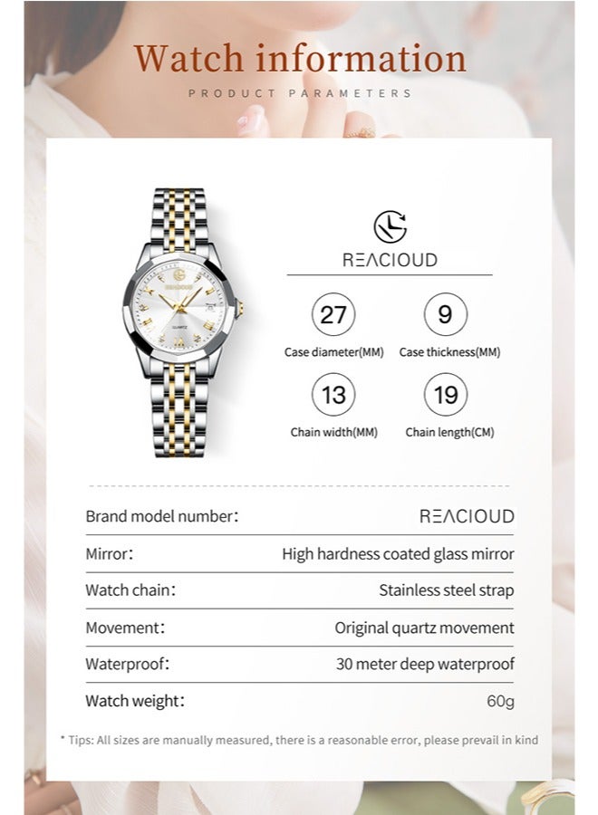 REACLOUD ساعات نسائية أنيقة من الفولاذ المقاوم للصدأ مقاومة للماء ساعة كوارتز تناظرية - Image 2