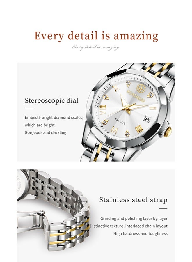 REACLOUD ساعات نسائية أنيقة من الفولاذ المقاوم للصدأ مقاومة للماء ساعة كوارتز تناظرية - Image 4