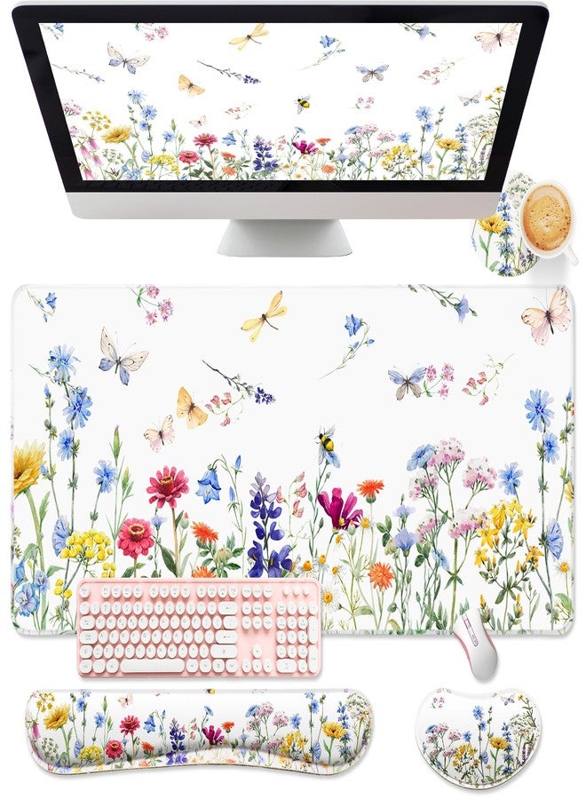 Saillong 4 Pcs Flower Mouse Pad Set Large Desk Mat for Desktop, Wildflower Mouse Pad with Wrist Rest, Gaming Wrist Support Keyboard Mat Cup Coaster Set for Office Desk Decor Accessories - Image 1