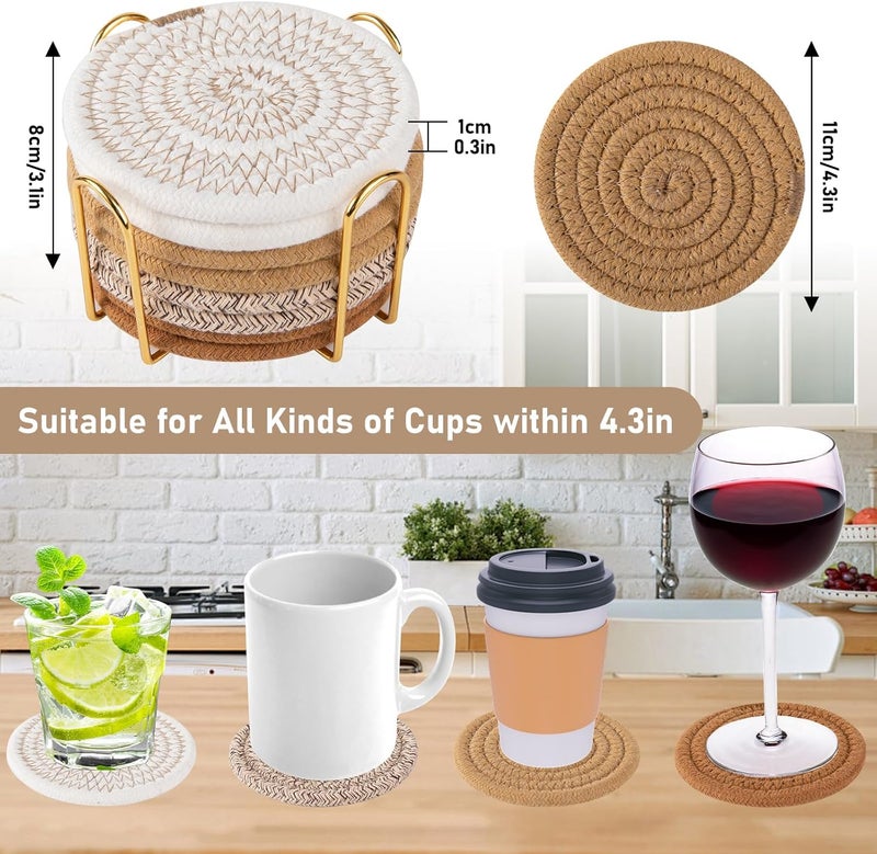 OIAHOMY 8 Pcs Coasters with Holder, Coasters for Drinks, Woven Cotton Absorbent Coaster Set for Kinds of Cups, Housewarming Gifts for Home Decor -Yellow - Image 2