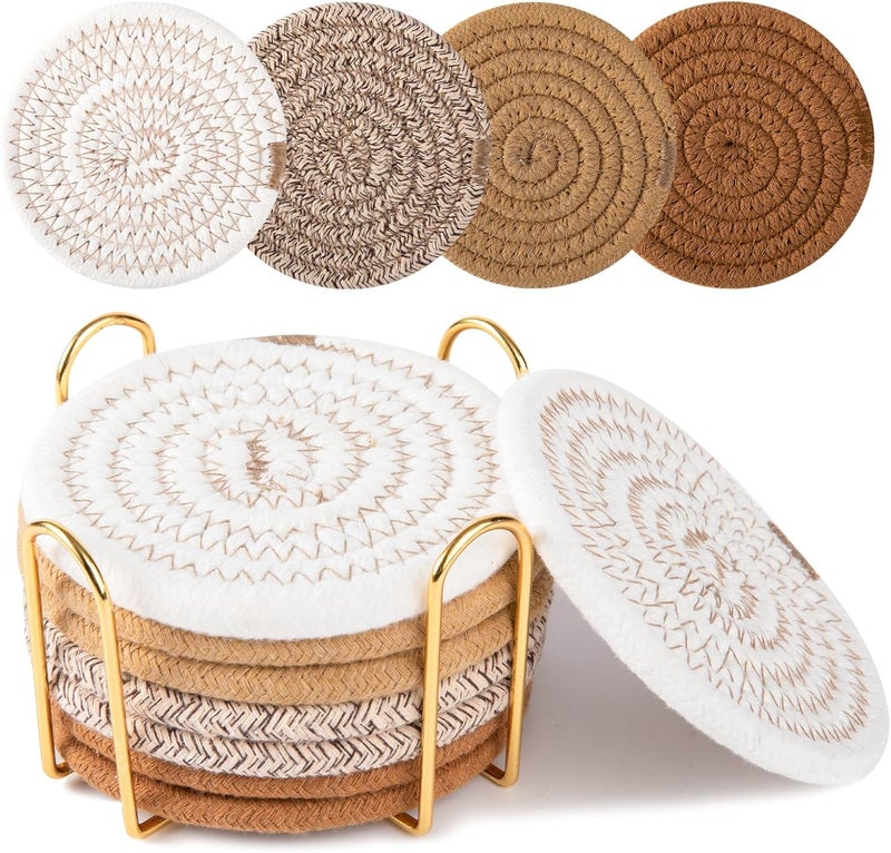 OIAHOMY 8 Pcs Coasters with Holder, Coasters for Drinks, Woven Cotton Absorbent Coaster Set for Kinds of Cups, Housewarming Gifts for Home Decor -Yellow - Image 1