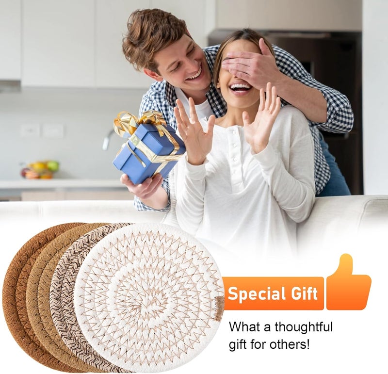 OIAHOMY 8 Pcs Coasters with Holder, Coasters for Drinks, Woven Cotton Absorbent Coaster Set for Kinds of Cups, Housewarming Gifts for Home Decor -Yellow - Image 5