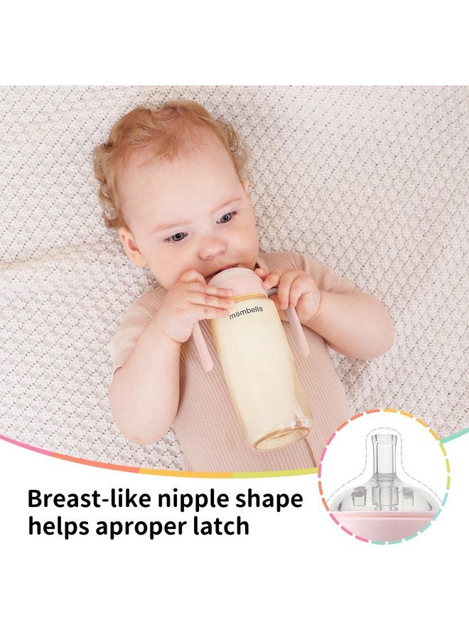 مومبيلا زجاجات الرضاعة الكلاسيكية Mombella للأطفال من سن 6 أشهر فما فوق مع حلمة تدفق سريع للغاية، زجاجة رضاعة PPSU مضادة للمغص مع قشة ومقبض، زجاجتان بفتحة تهوية خالية من الهواء للرضع، 10 أونصة، وردي - Image 4