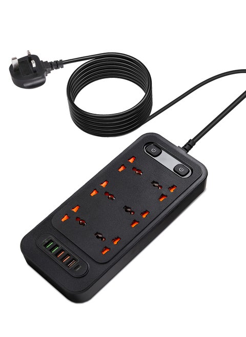 UK 6 Outlet Plug Strip with 6 USB Ports (Type-C PD & QC 3.0), 3000W, Surge Protection, Flame Retardant, 2m Cord for Home and Office Use