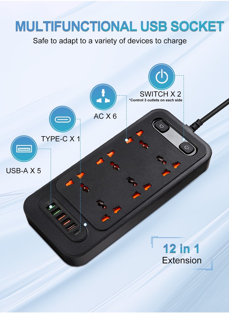infino - شريط مقابس كهربائية بريطاني 6 منافذ مع 6 منافذ USB (من النوع C PD و QC 3.0) ، 3000 واط ، حماية من زيادة التيار ، مقاوم للهب ، سلك بطول 1.8 متر للاستخدام المنزلي والمكتبي - Image 1