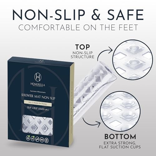 Homerella Anti Slip Shower Mat | Anti Mold Non Slip Bathtub Mat for Inside Shower | Square Floor Shower Mat 21 x 21 inch with Suction Cups for Grip & Hooks Hanging and Quick Drying | Machine Washable - Image 5