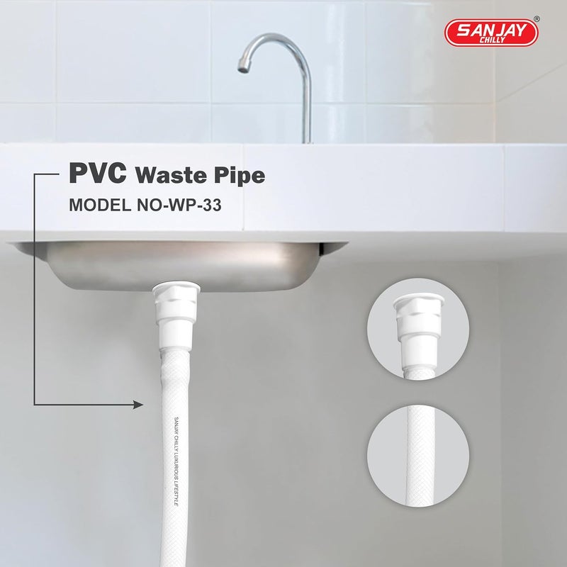 SANJAY CHILLY أنبوب تصريف نفايات PVC بطول 33 بوصة موصل خرطوم تصريف مياه الصرف الثقيل بين حوض الغسيل ومصرف الأرضية في الحمام ومغسلة المطبخ - Image 2