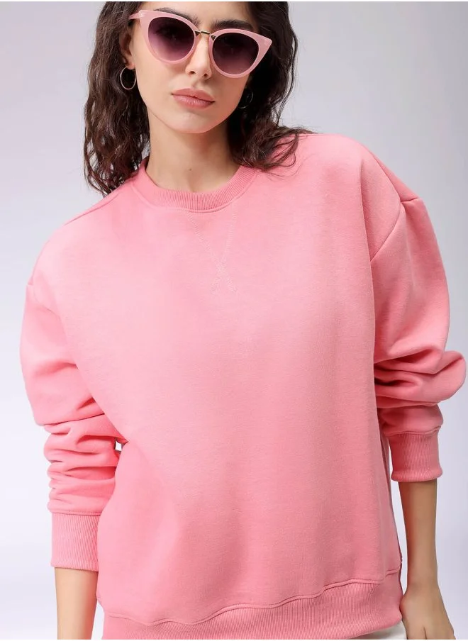 Freehand Women Boxy Pink Solid Crew Neck Long Sleeve Sweatshirt