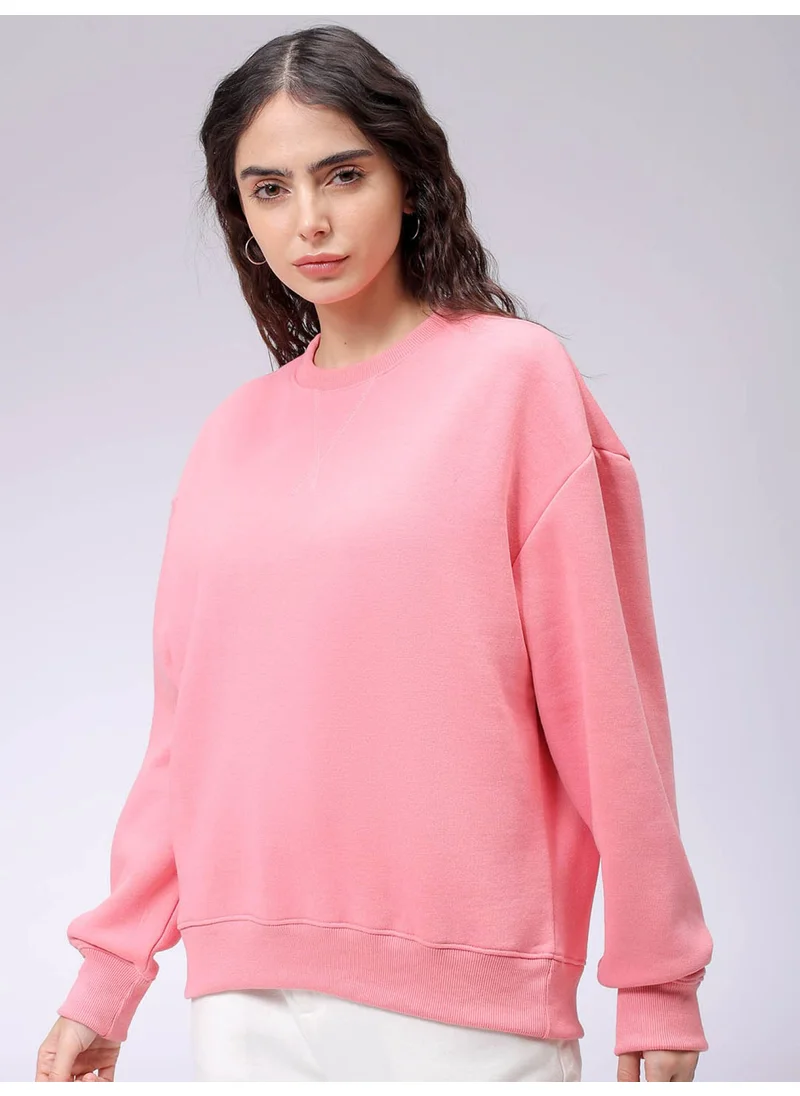 Freehand Women Boxy Pink Solid Crew Neck Long Sleeve Sweatshirt