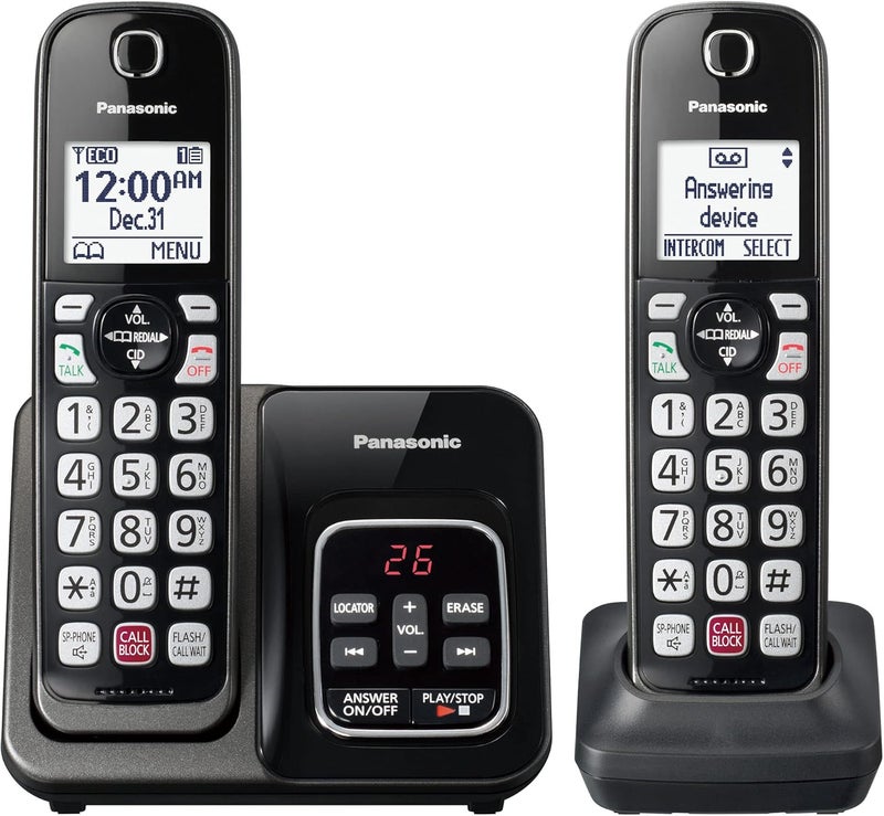 Panasonic Cordless Phone with Answering Machine Advanced Call Block Bilingual Caller ID and Easy to Read HighContrast Display Expandable System with 2 Handsets  KXTGD832M Metallic Black - Image 1
