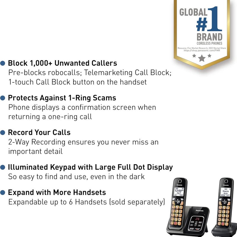 Panasonic Cordless Phone with Answering Machine Advanced Call Block Bilingual Caller ID and Easy to Read HighContrast Display Expandable System with 2 Handsets  KXTGD832M Metallic Black - Image 2