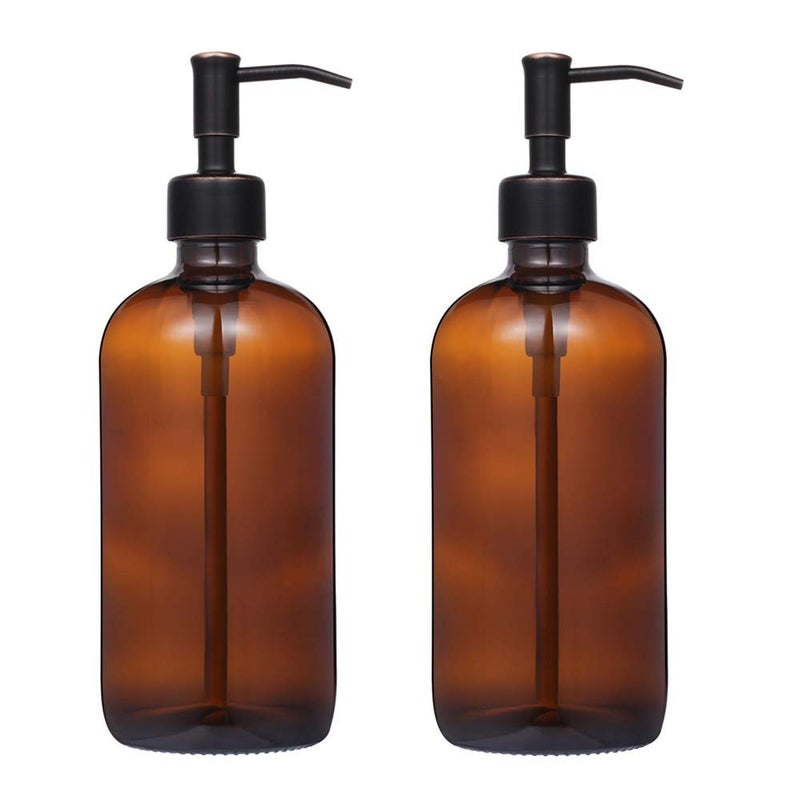 CHBJDAN 2 Pack Thick Amber Glass Pint Jar Soap Dispenser with Oil Rubbed Bronze Stainless Steel Pump, 16ounce Boston Round Bottles Dispenser with Rustproof Pump for Essential Oil, Lotion Soap - Image 1