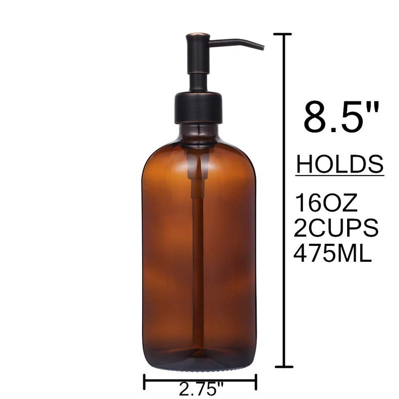 CHBJDAN 2 Pack Thick Amber Glass Pint Jar Soap Dispenser with Oil Rubbed Bronze Stainless Steel Pump, 16ounce Boston Round Bottles Dispenser with Rustproof Pump for Essential Oil, Lotion Soap - Image 4
