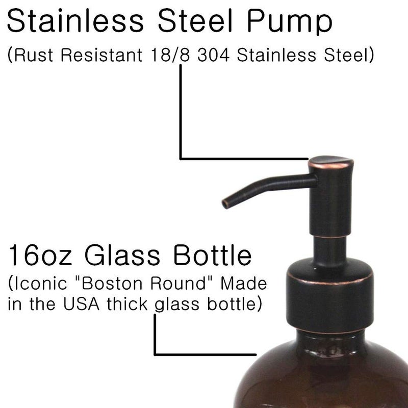 CHBJDAN 2 Pack Thick Amber Glass Pint Jar Soap Dispenser with Oil Rubbed Bronze Stainless Steel Pump, 16ounce Boston Round Bottles Dispenser with Rustproof Pump for Essential Oil, Lotion Soap - Image 3