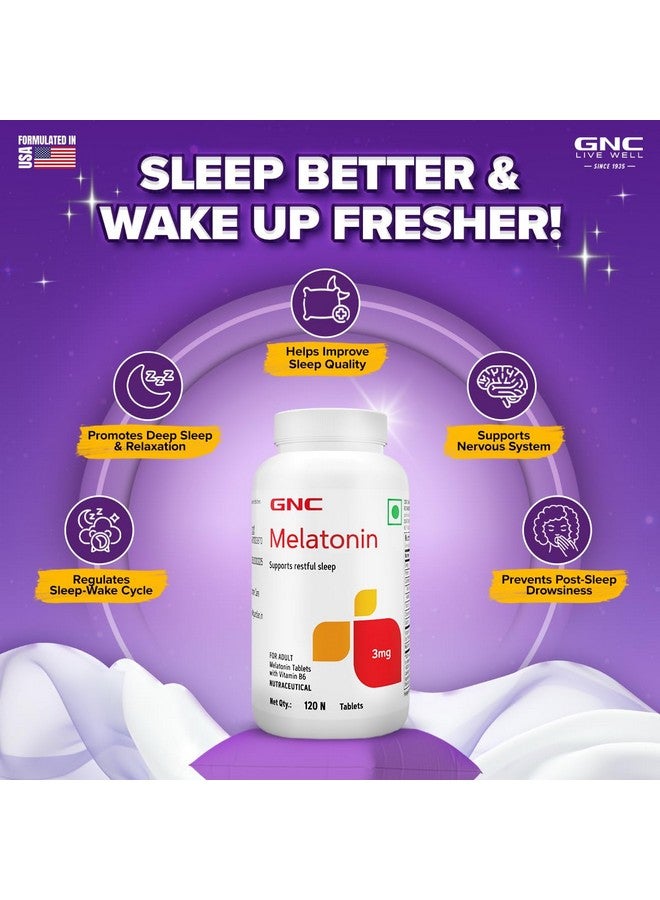 GNC Melatonin Tablets With Vitamin B6 | 120 Tablets | Promotes Deep Sleep | Enhances Sleep Quality | Improves Mood | Helps in Relaxation | Formulated in USA | 3mg Per Serving - Image 2