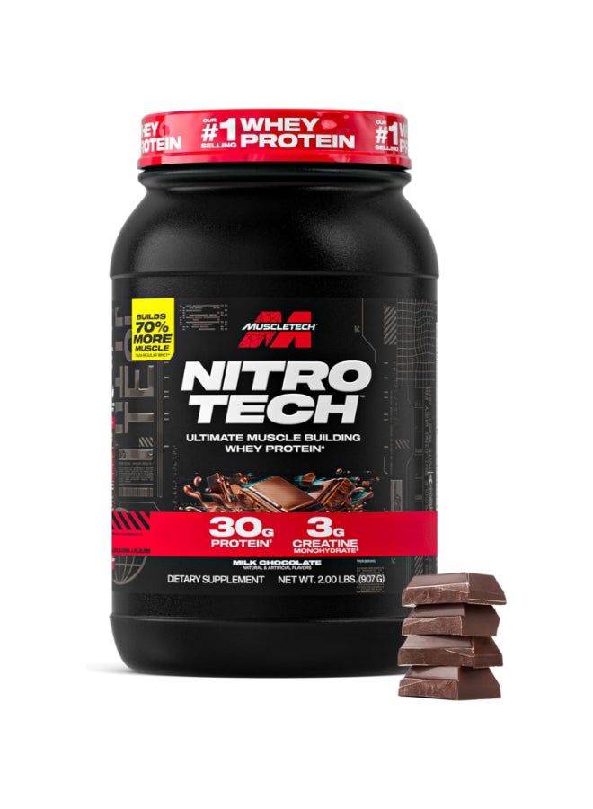Nitro Tech Ultimate Muscle Building Whey protein - Builds 70% more Muscle - 30g Protein - 3g Creatine - Milk Chocolate Flavor - Dietary Supplement - Net Wt 2.00 lbs (907g)
