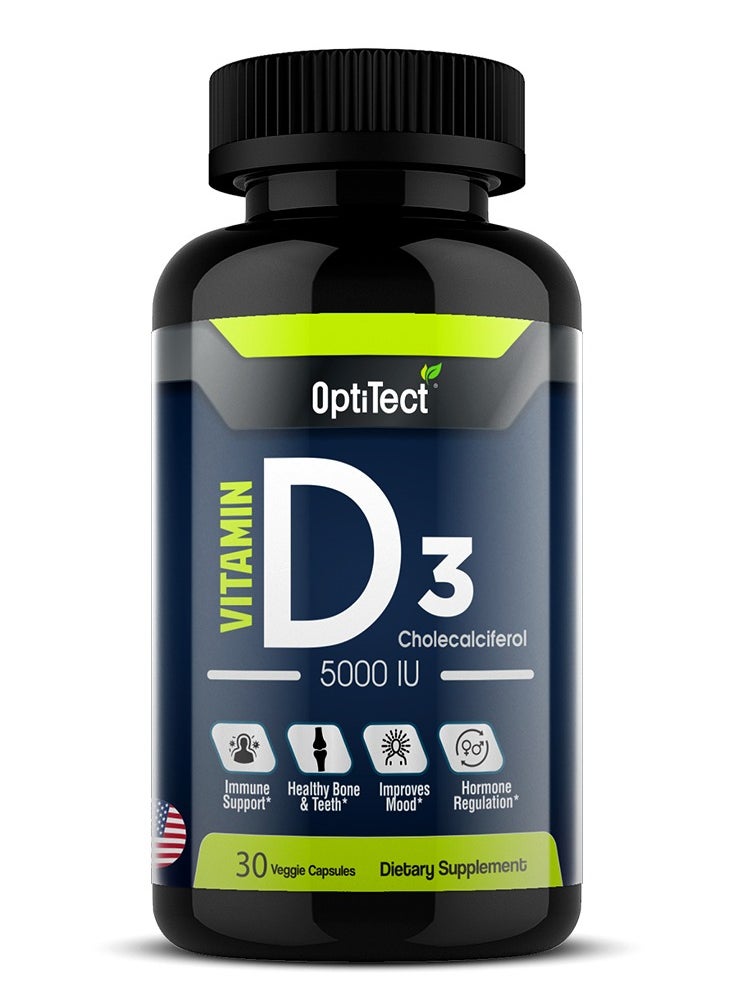 OptiTect Vitmain D3 Immune Support Health Bone And Teeth Improves Mood Hormone Regulation 30 Veggie Capsules 5000 Iu  - Image 1