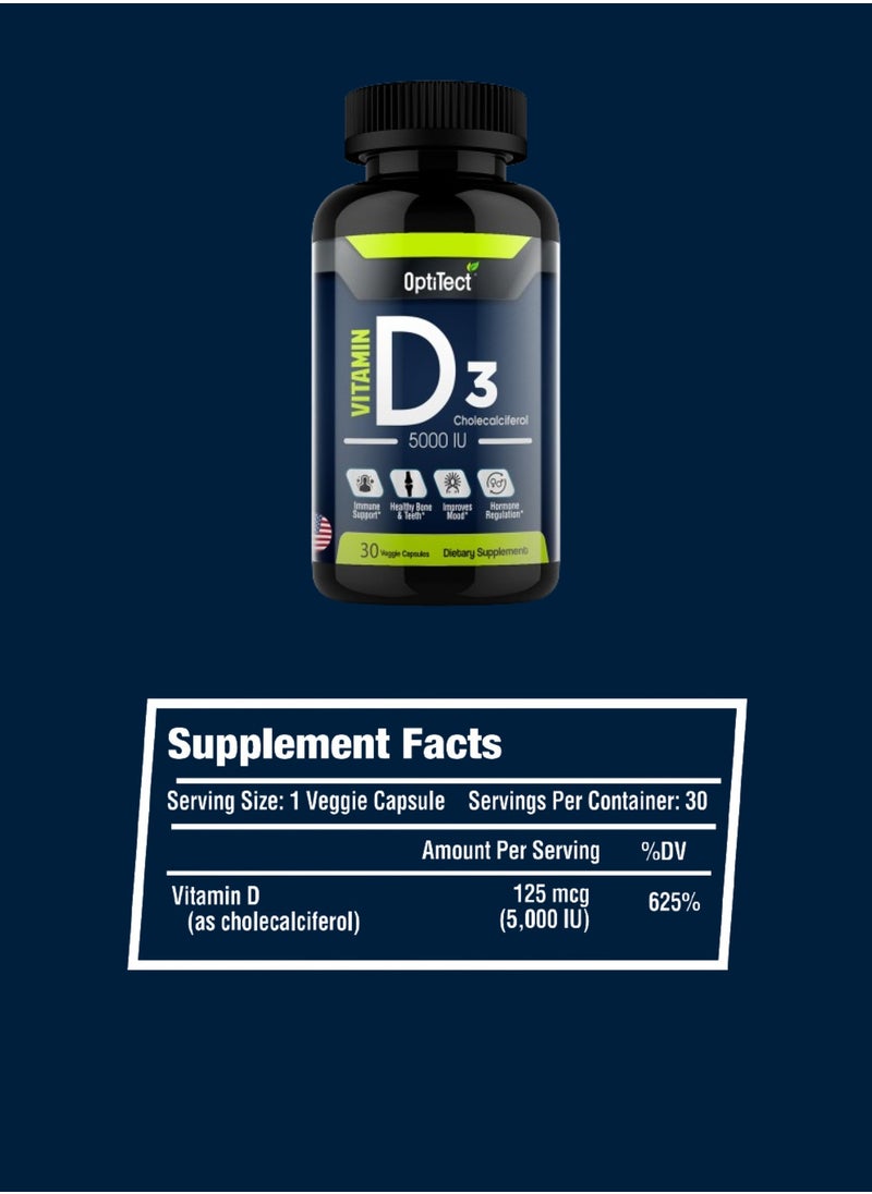 OptiTect Vitmain D3 Immune Support Health Bone And Teeth Improves Mood Hormone Regulation 30 Veggie Capsules 5000 Iu  - Image 2