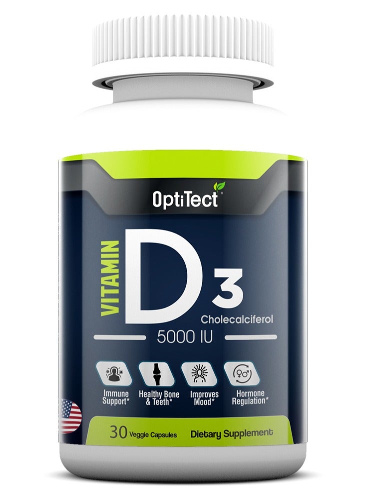 OptiTect Vitmain D3 Immune Support Health Bone And Teeth Improves Mood Hormone Regulation 30 Veggie Capsules 5000 Iu - Image 1