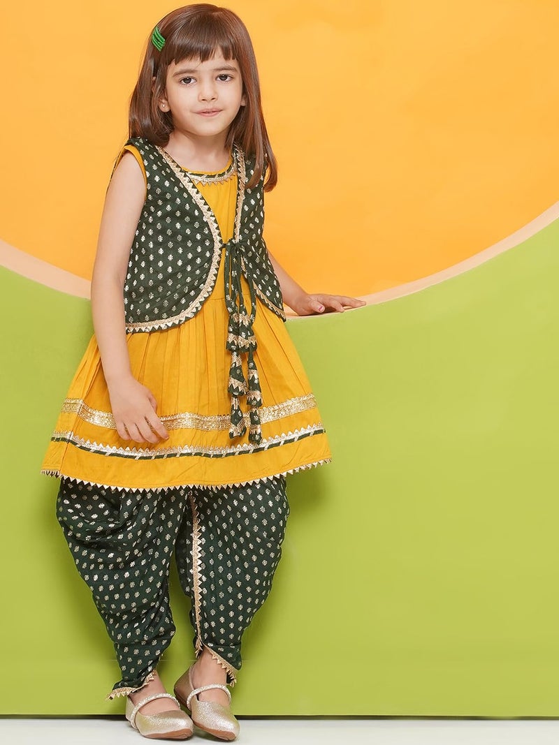 AJ DEZINES Kids Ethnic Wear Yellow Poly Chanderi Motif Printed Dhoti Style Kurta Salwar Suit Set With Dark Green Half Jacket For Girls (G-1155-YELLOW-32) - Image 5
