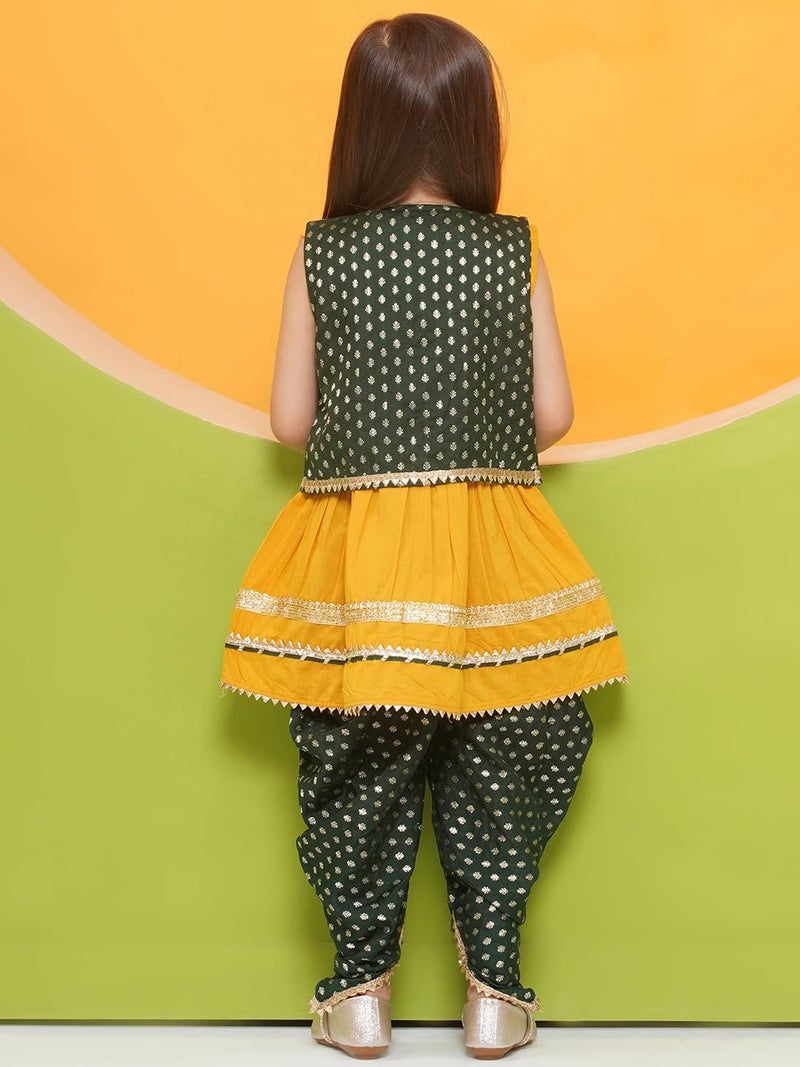 AJ DEZINES Kids Ethnic Wear Yellow Poly Chanderi Motif Printed Dhoti Style Kurta Salwar Suit Set With Dark Green Half Jacket For Girls (G-1155-YELLOW-32) - Image 2
