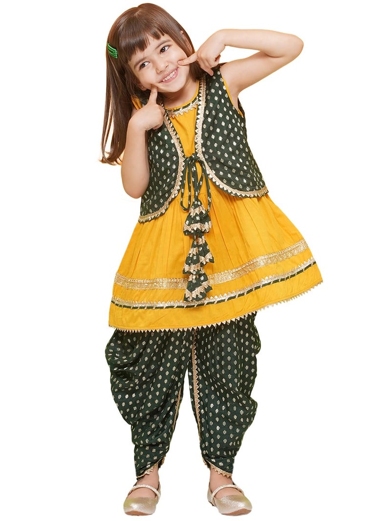 AJ DEZINES Kids Ethnic Wear Yellow Poly Chanderi Motif Printed Dhoti Style Kurta Salwar Suit Set With Dark Green Half Jacket For Girls (G-1155-YELLOW-32) - Image 1