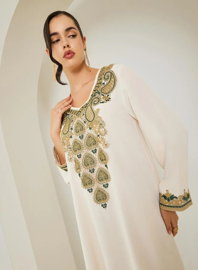 Amirah  Women Cream Jalabiya with Gold Embroidery for Women | Best Price UAE