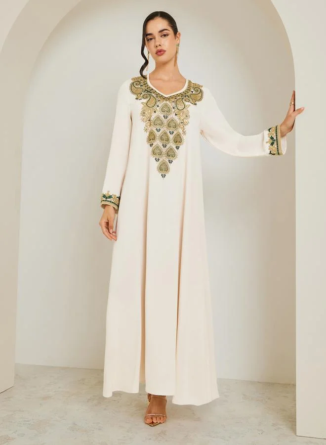 Amirah  Women Cream Jalabiya with Gold Embroidery for Women | Best Price UAE