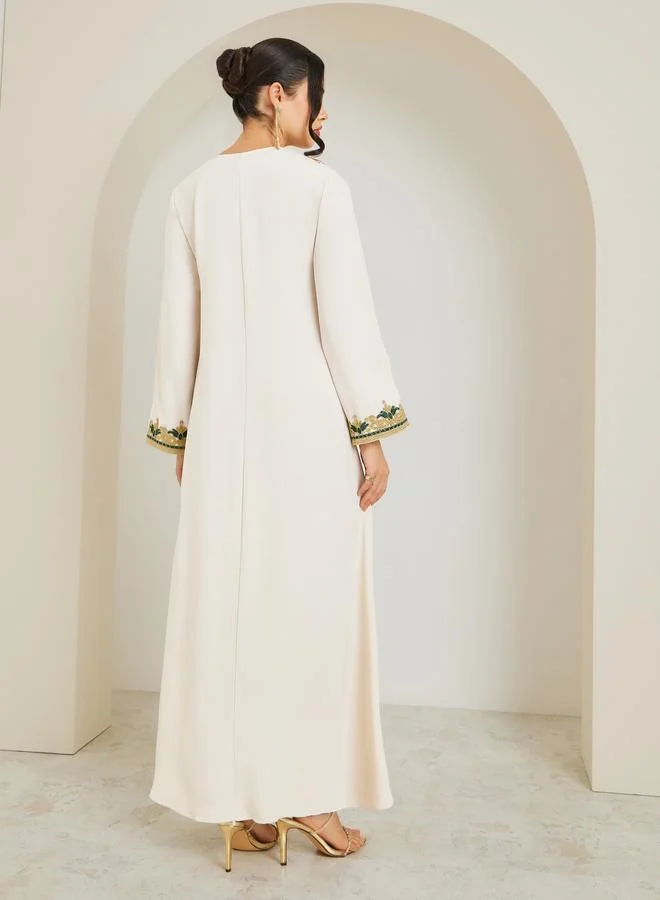 Amirah  Women Cream Jalabiya with Gold Embroidery for Women | Best Price UAE