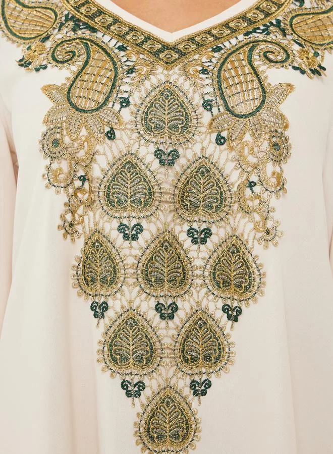 Amirah  Women Cream Jalabiya with Gold Embroidery for Women | Best Price UAE