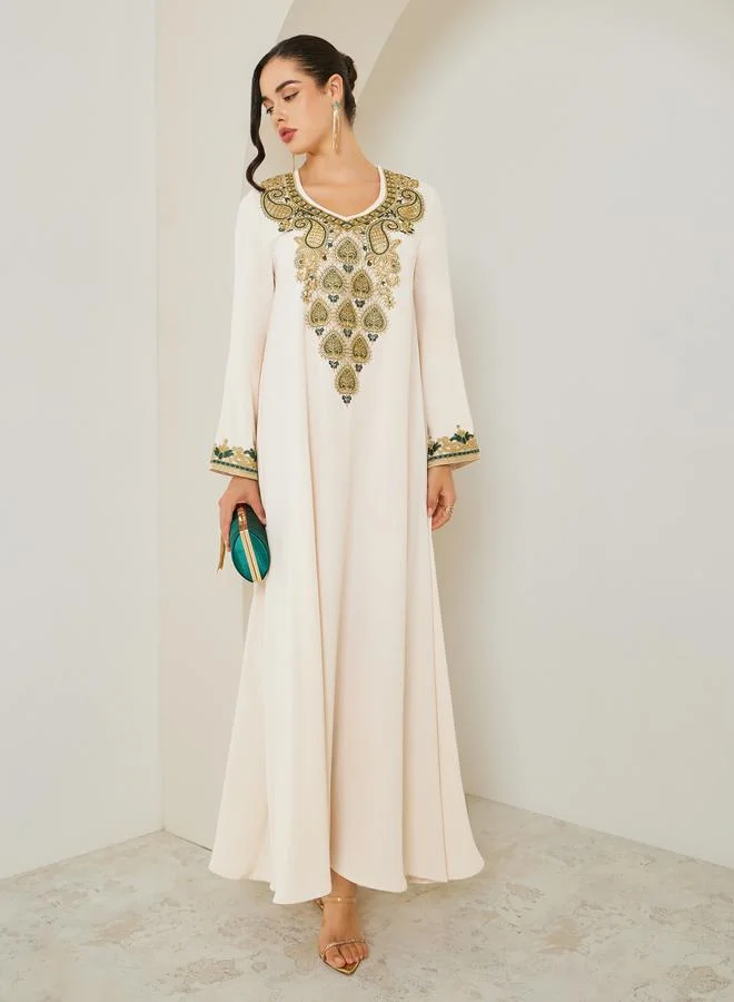 Women Cream Jalabiya with Gold Embroidery