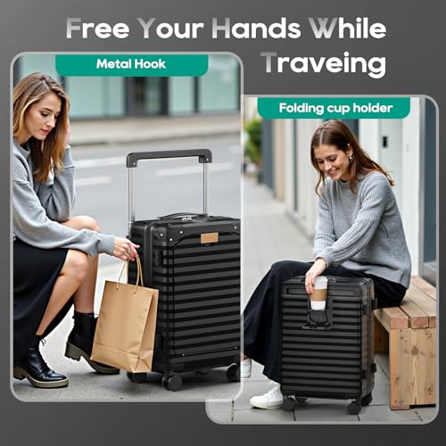 Joyway 20 Inch Carry on Luggage with Front Pocket, PC Hardshell Carry-on Suitcase with USB Port and Cup Holder, 21.5x14.2x9 Airline Approved, Luggage with Spinner Wheels and TSA Lock (Black) - Image 3