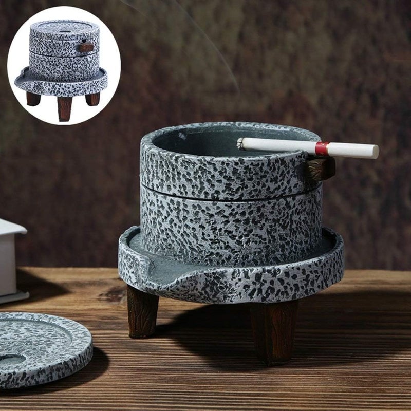 Large Ashtray Cement Retro Simple Personality with Cover Windproof Chinese Bar Cafe (Color : Stone Mill) - Image 4