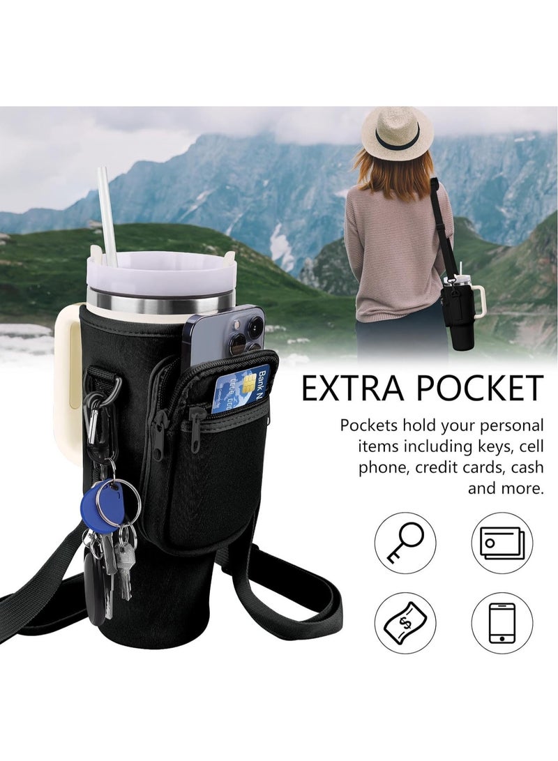 Water Bottle Carrier Bag for Stanley 40oz Tumbler, Water Bottle Holder with Pouch and Adjustable Strap, Sleeve Accessories with Pocket for 40oz Cup (Black)  - Image 2