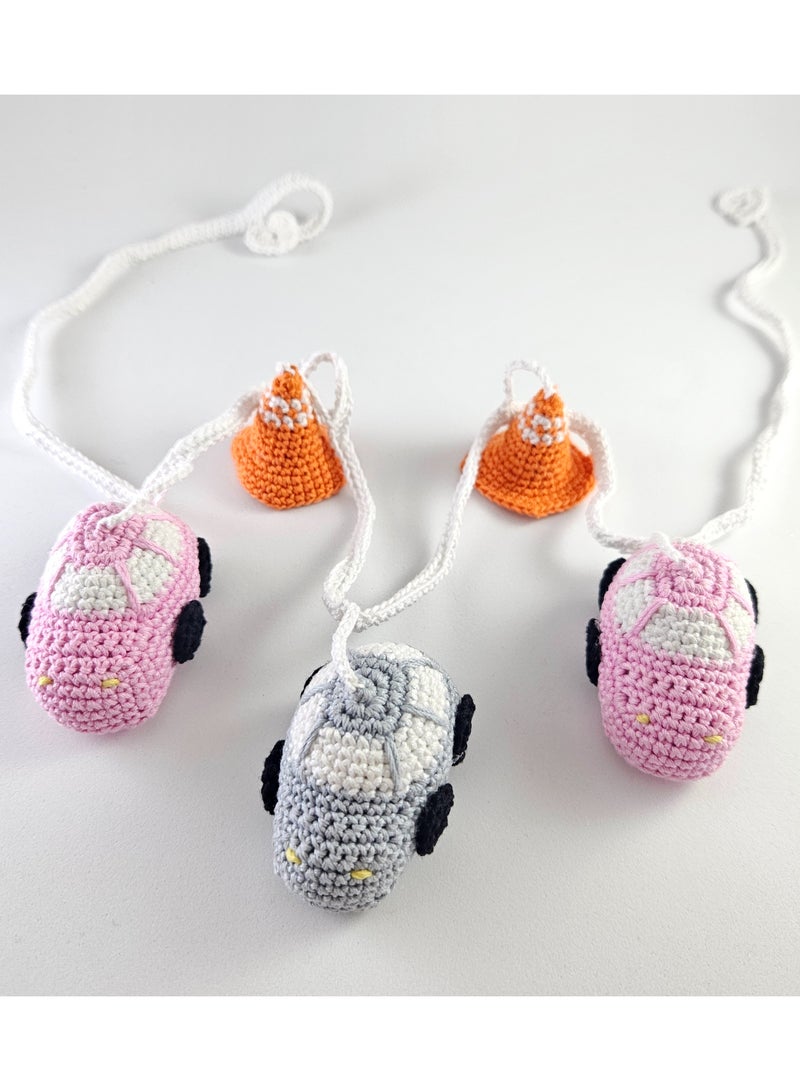 Handmade Crochet Car and Traffic Cone Garland Banner - Baby Pram Walker or Nursery Decor | Handmade Car-Themed Walker Crib Hanging Decoration | Perfect Baby Shower Gift for Future Motorheads - Image 1