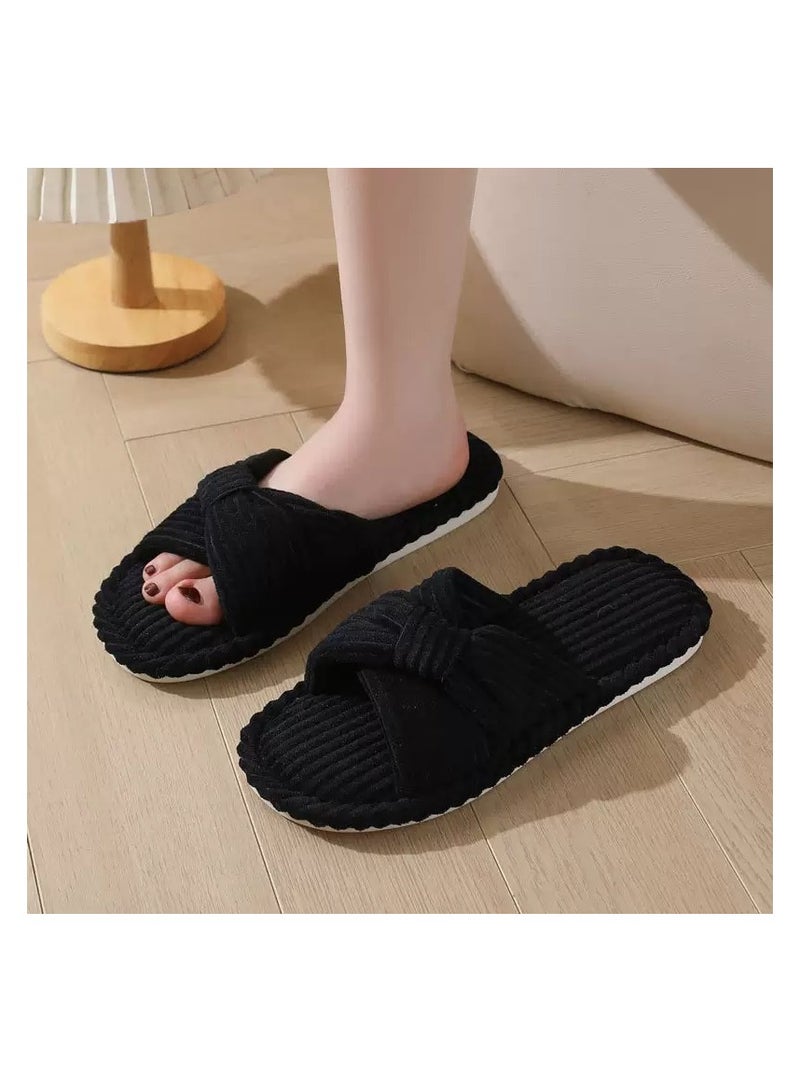 Women Slippers With Memory Foam Open Toe Corduroy Slides For Bedroom and Spa Warm Indoor Slippers - Image 2