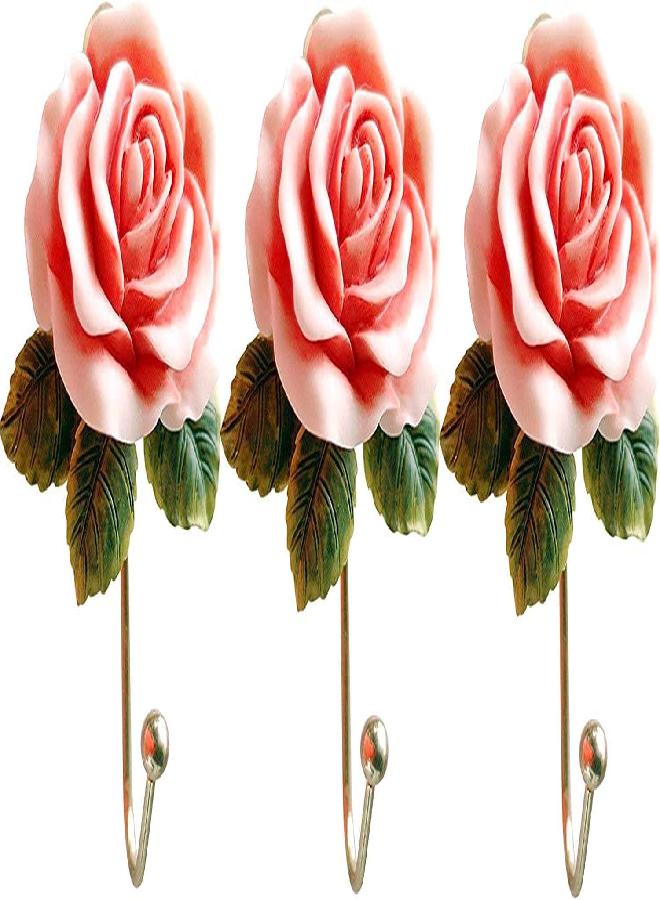 OPENDGO OPENDGO 3PCS Rose Resin Wall Hooks Wall Mounted Creative Flower Iron Hook for Hanging Coat/Hat/Key/Towel/Handbag Hooks/Hangers Room Wall Decor - Image 1