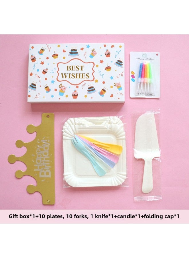 Birthday Dinner Plate Cake Tableware Food Grade Plastic Dinner Plate Disposable Paper Plate Candle Wet Wipes Four-in-one-Color:Classic Paper Plate Colorful Fork For Ten People - Image 1