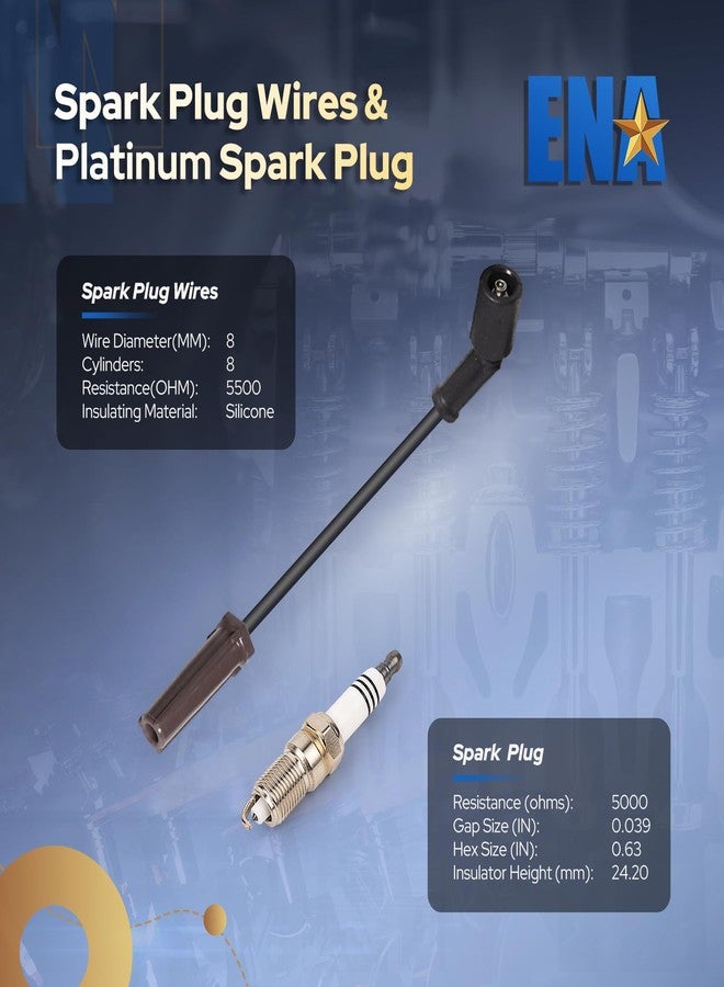 ENA Set of 8 Platinum Spark Plug and Wire Set Compatible with Escalade Tahoe Silverado 1500 Pontiac G8 H2 H3 GMC Yukon XL Savana Sierra 2000-2012, for LS2 LS3 LS4 LS7 41-962 9748HH - Image 2