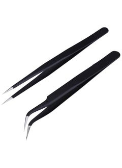 Oasisgalore Stainless Steel Lash Tweezers for Eyelash Extensions, Straight and Curved Tip, False Lash Application Tools, Pack of 2, Black  - Image 1