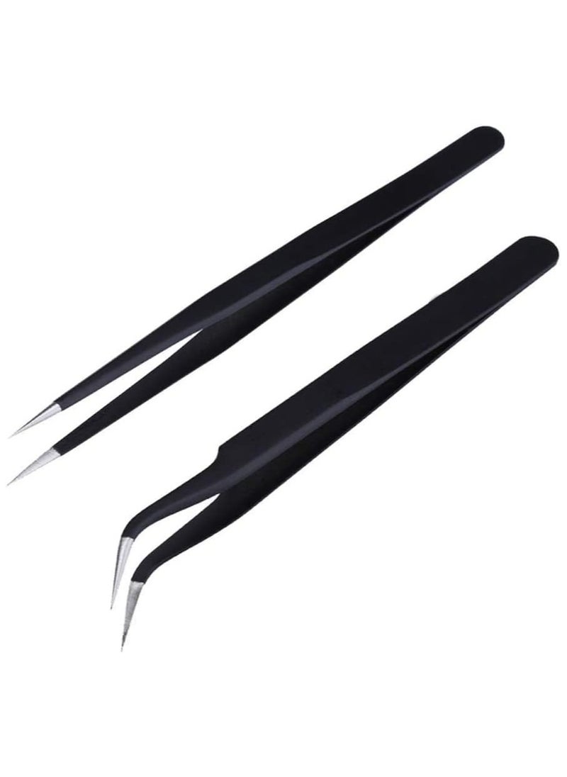 Oasisgalore - Stainless Steel Lash Tweezers for Eyelash Extensions, Straight and Curved Tip, False Lash Application Tools, Pack of 2, Black - Image 1