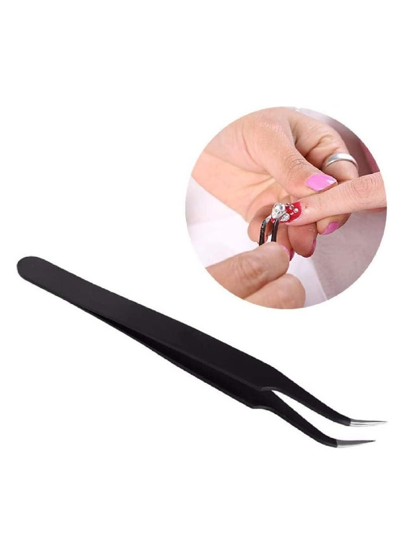 Oasisgalore - Stainless Steel Lash Tweezers for Eyelash Extensions, Straight and Curved Tip, False Lash Application Tools, Pack of 2, Black - Image 1